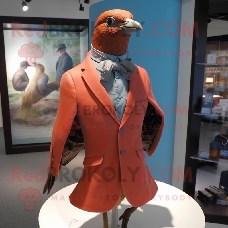 Red Passenger Pigeon mascot costume character dressed with a Blazer and Cufflinks