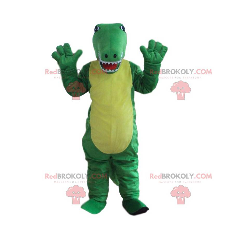 Traje de crocodilo verde e amarelo, mascote de jacaré -