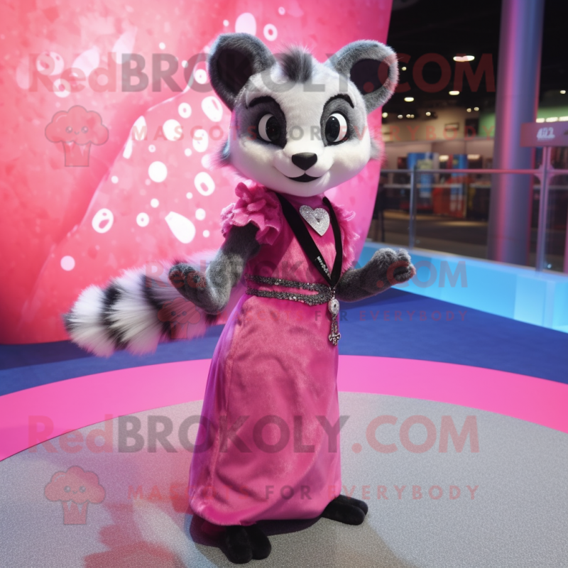 Pink Civet mascot costume character dressed with a Evening Gown and Brooches Pink Civet mascot costume character dressed with a Evening Gown and Brooches