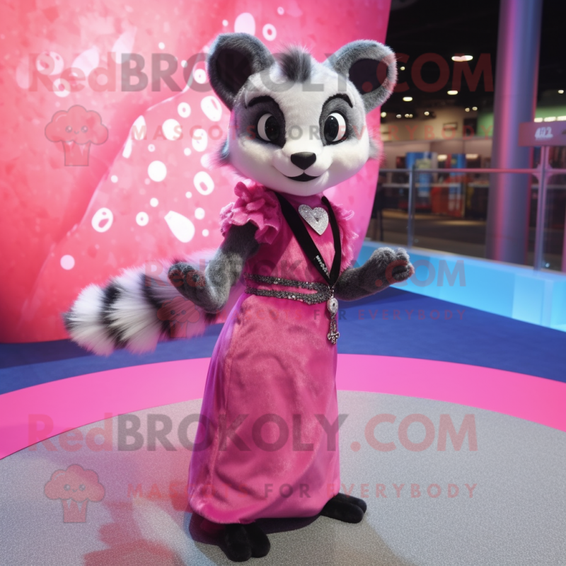 Pink Civet mascot costume character dressed with a Evening Gown and Brooches