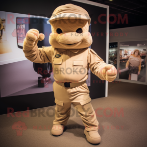 Beige Commando mascot costume character dressed with a Joggers and Beanies