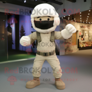 Beige Commando mascot costume character dressed with a Joggers and Beanies