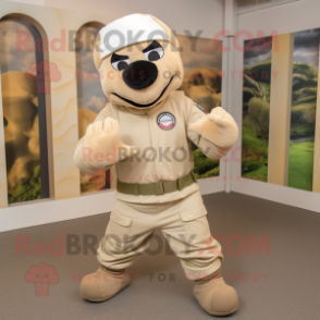 Beige Commando mascot costume character dressed with a Joggers and Beanies