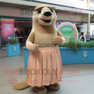 Tan Sea Lion mascot costume character dressed with a Pleated Skirt and Bracelets