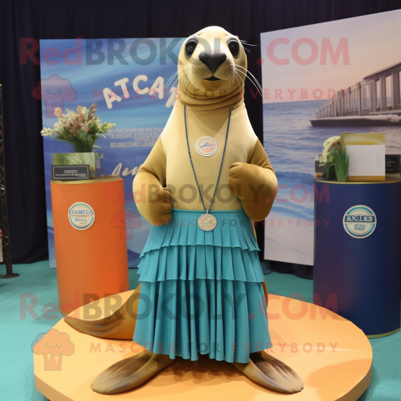 Tan Sea Lion mascot costume character dressed with a Pleated Skirt and Bracelets