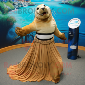 Tan Sea Lion mascot costume character dressed with a Pleated Skirt and Bracelets