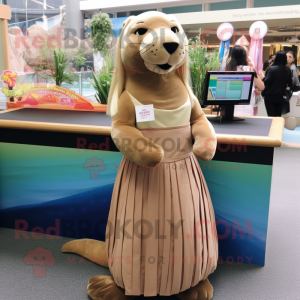 Tan Sea Lion mascot costume character dressed with a Pleated Skirt and Bracelets