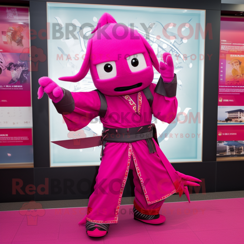 Magenta Samurai mascot costume character dressed with a Jumpsuit and Scarf clips