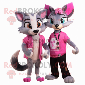 Pink Civet mascot costume character dressed with a Boyfriend Jeans and Brooches