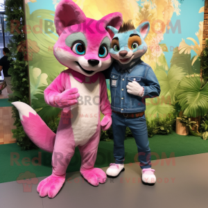 Pink Civet mascot costume character dressed with a Boyfriend Jeans and Brooches