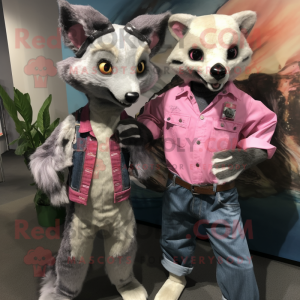 Pink Civet mascot costume character dressed with a Boyfriend Jeans and Brooches