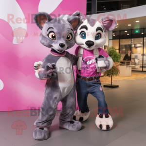 Pink Civet mascot costume character dressed with a Boyfriend Jeans and Brooches