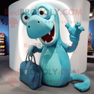 Cyan Hydra mascot costume character dressed with a Shorts and Handbags