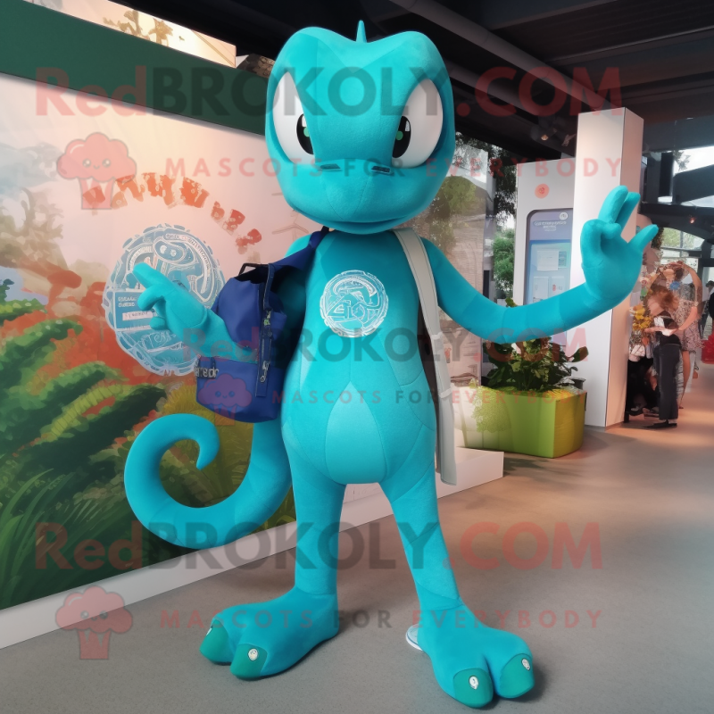 Cyan Hydra mascot costume character dressed with a Shorts and Handbags Cyan Hydra mascot costume character dressed with a Shorts and Handbags