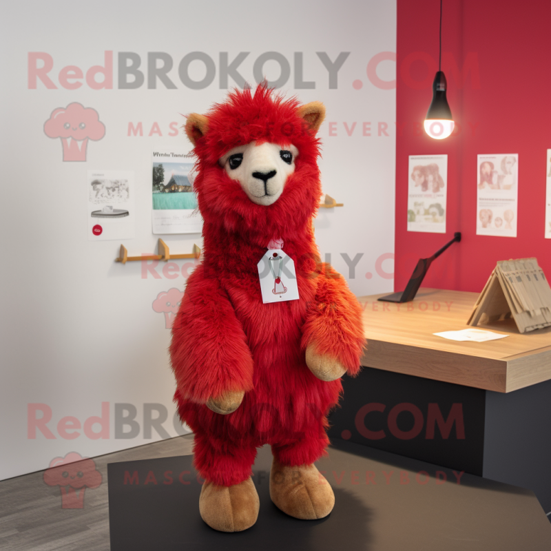 Red Alpaca mascot costume character dressed with a V-Neck Tee and Tie pins