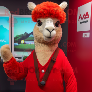 Red Alpaca mascot costume character dressed with a V-Neck Tee and Tie pins