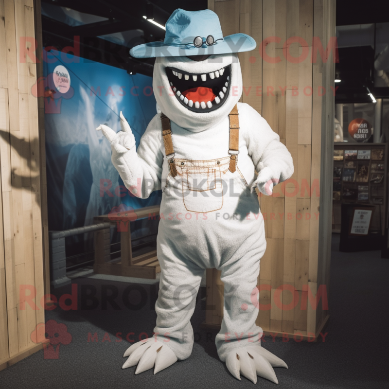White Demon mascot costume character dressed with a Dungarees and Hat pins White Demon mascot costume character dressed with a Dungarees and Hat pins