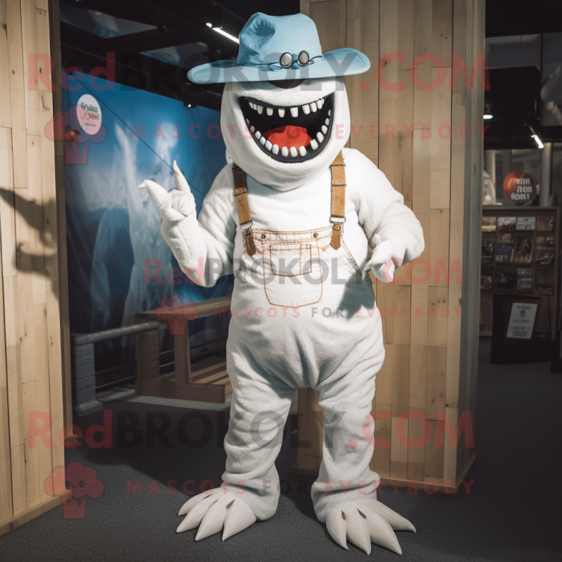 White Demon mascot costume character dressed with a Dungarees and Hat pins