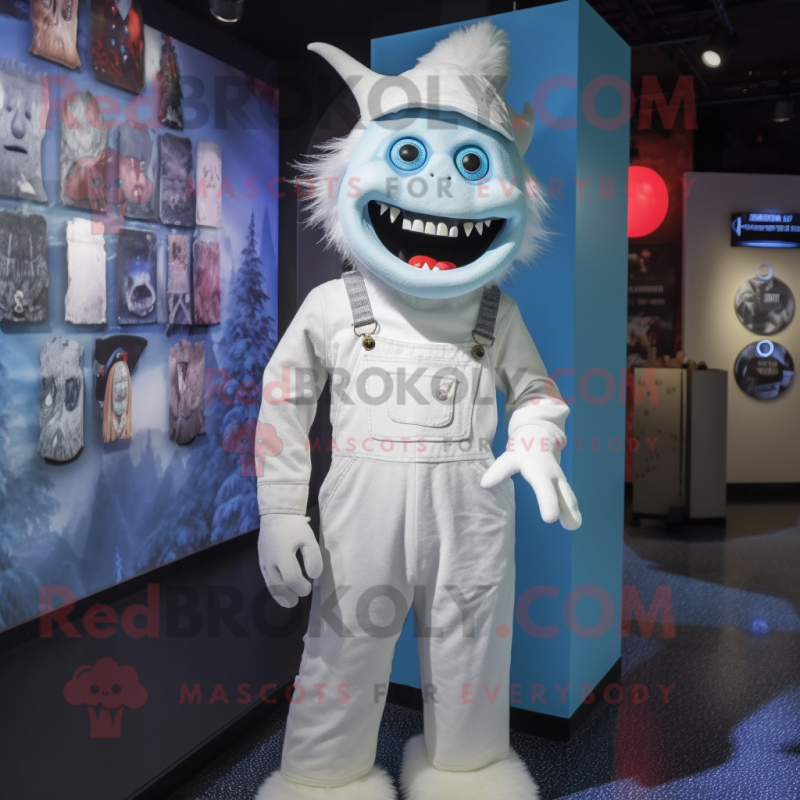 White Demon mascot costume character dressed with a Dungarees and Hat pins White Demon mascot costume character dressed with a Dungarees and Hat pins
