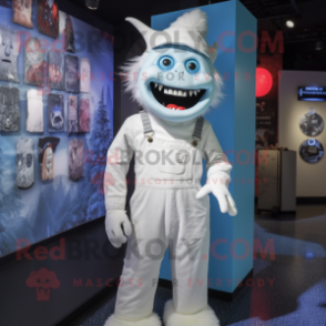 White Demon mascot costume character dressed with a Dungarees and Hat pins