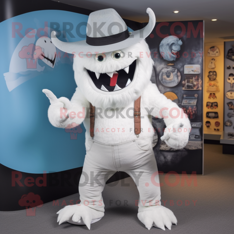 White Demon mascot costume character dressed with a Dungarees and Hat pins