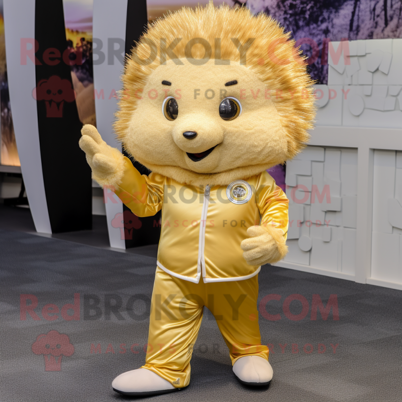 Gold Hedgehog mascot costume character dressed with a Dress Pants and Gloves