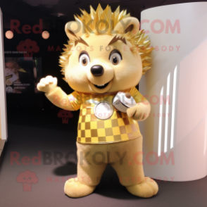 Gold Hedgehog mascot costume character dressed with a Dress Pants and Gloves