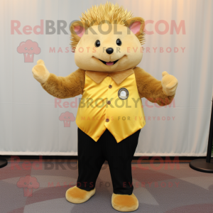 Gold Hedgehog mascot costume character dressed with a Dress Pants and Gloves