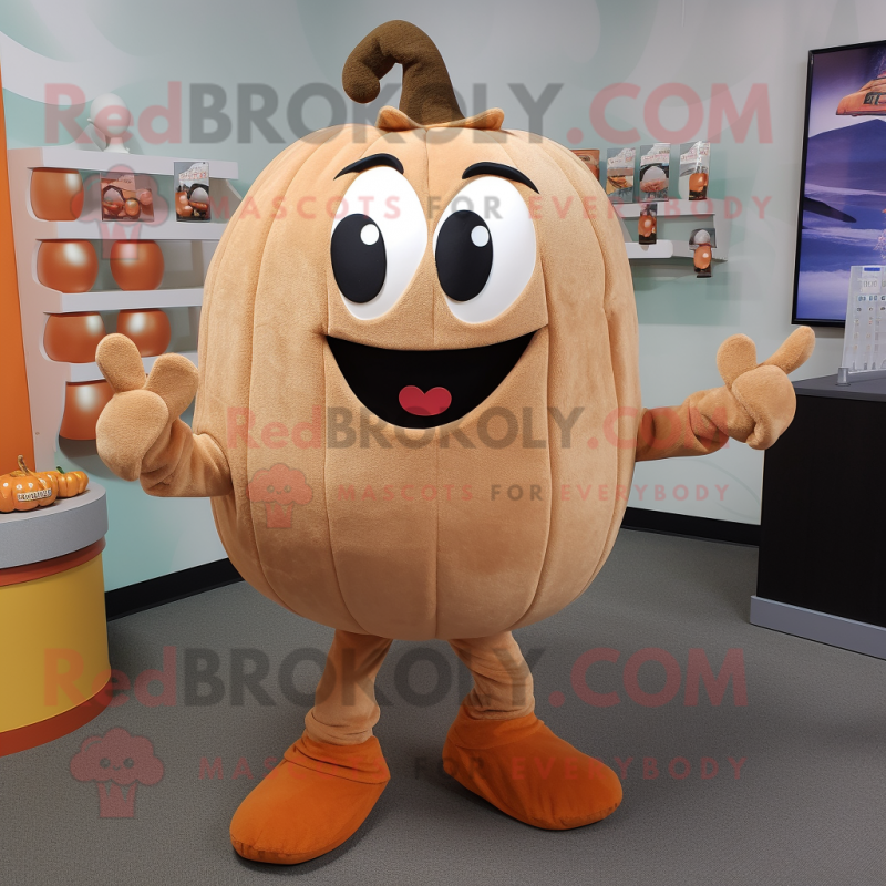 Tan Pumpkin mascot costume character dressed with a Henley Tee and Shoe clips Tan Pumpkin mascot costume character dressed with a Henley Tee and Shoe clips