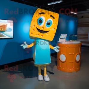 Cyan Grilled Cheese Sandwich mascot costume character dressed with a Sheath Dress and Cufflinks