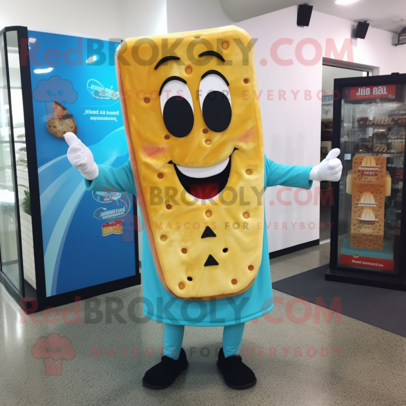 Cyan Grilled Cheese Sandwich mascot costume character dressed with a Sheath Dress and Cufflinks