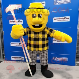 Yellow Ice Hockey Stick mascot costume character dressed with a Flannel Shirt and Bracelets