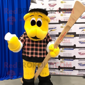 Yellow Ice Hockey Stick mascot costume character dressed with a Flannel Shirt and Bracelets