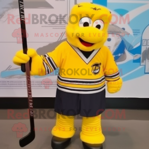 Yellow Ice Hockey Stick mascot costume character dressed with a Flannel Shirt and Bracelets