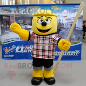 Yellow Ice Hockey Stick mascot costume character dressed with a Flannel Shirt and Bracelets