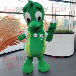 Forest Green Sea Horse mascot costume character dressed with a Sweatshirt and Mittens