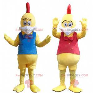 Costumes of yellow chickens, colorful roosters mascots -