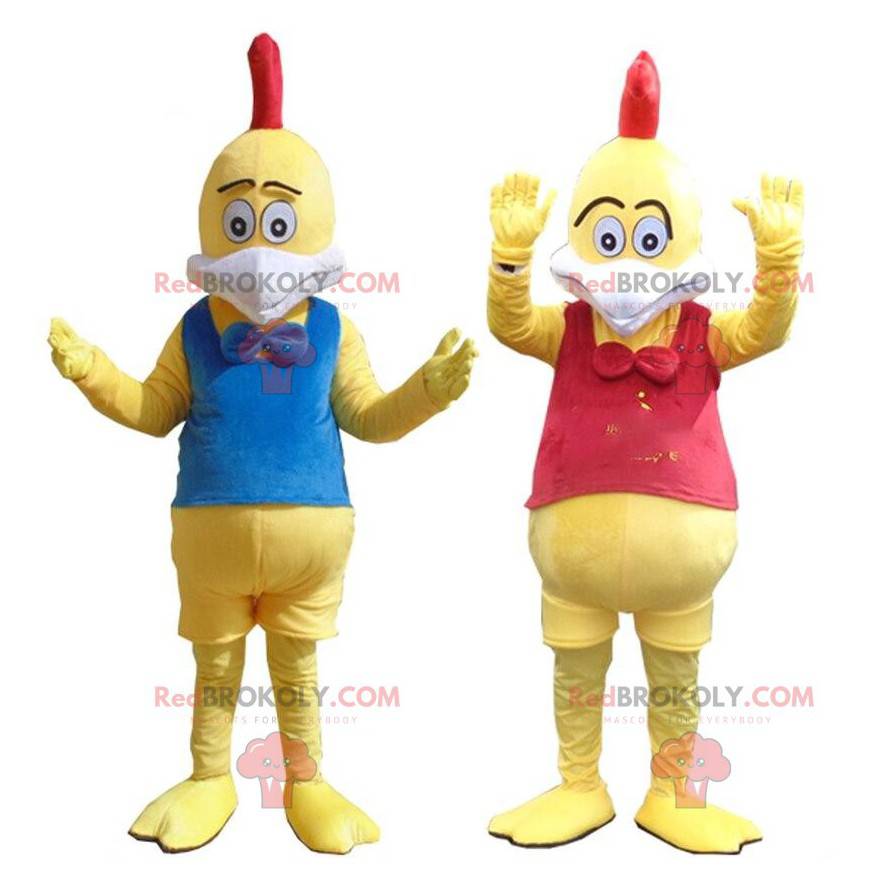Costumes of yellow chickens, colorful roosters mascots -