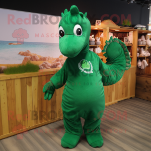 Forest Green Sea Horse mascot costume character dressed with a Sweatshirt and Mittens