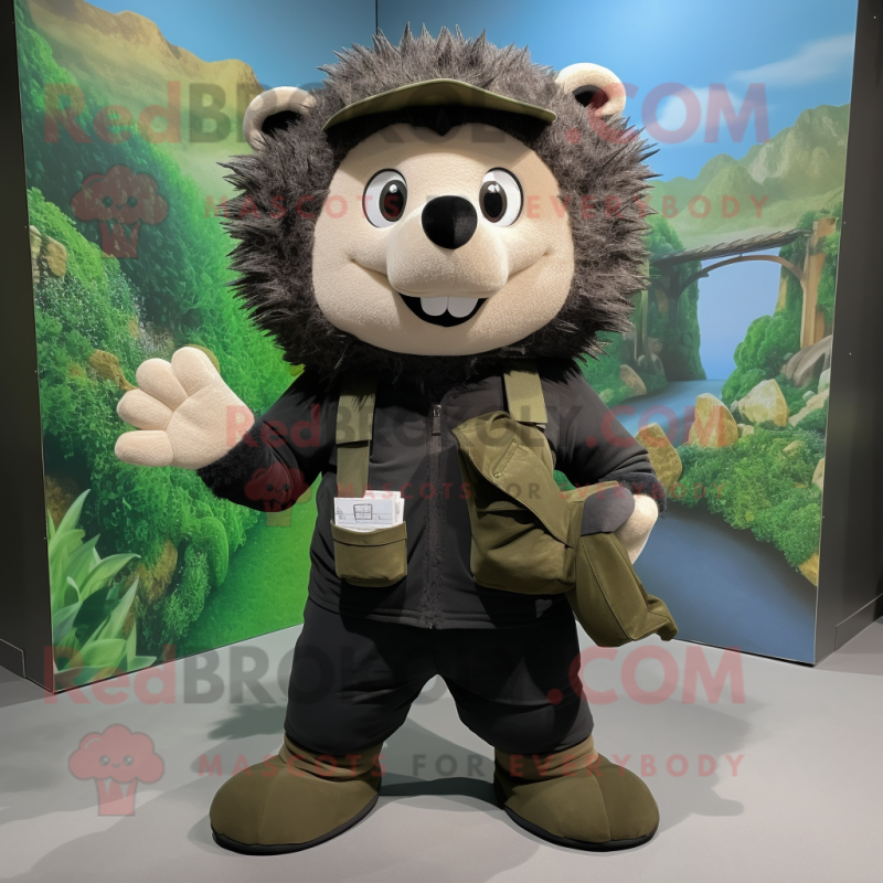 Black Hedgehog mascot costume character dressed with a Cargo Pants and Mittens