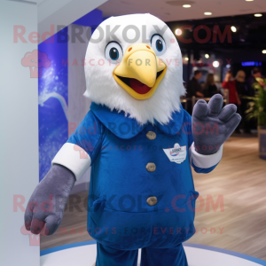 Blue Bald Eagle mascot costume character dressed with a Blouse and Mittens