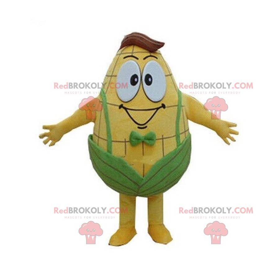 Mascota de mazorca de maíz gigante y sonriente, disfraz de maíz