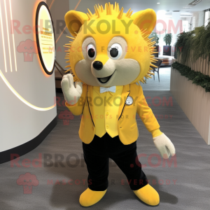 Yellow Hedgehog mascot costume character dressed with a Vest and Cufflinks