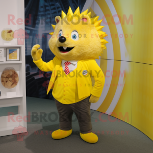 Yellow Hedgehog mascot costume character dressed with a Vest and Cufflinks