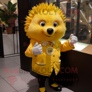 Yellow Hedgehog mascot costume character dressed with a Vest and Cufflinks