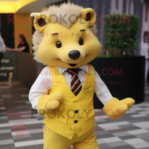 Yellow Hedgehog mascot costume character dressed with a Vest and Cufflinks