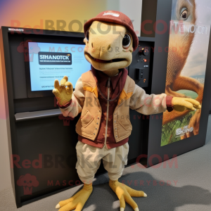 Tan Deinonychus mascot costume character dressed with a Cardigan and Beanies