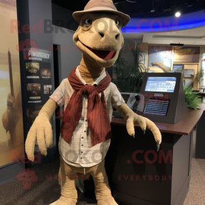 Tan Deinonychus mascot costume character dressed with a Cardigan and Beanies