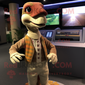 Tan Deinonychus mascot costume character dressed with a Cardigan and Beanies