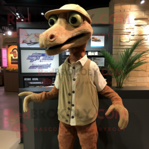 Tan Deinonychus mascot costume character dressed with a Cardigan and Beanies